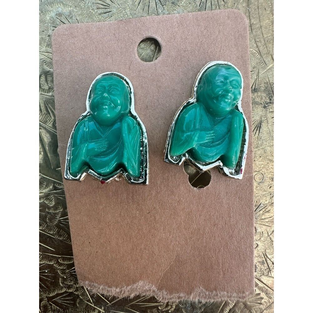 Clip On Buddah Earrings Green Lucite? Goldish Tone Trim Vintage